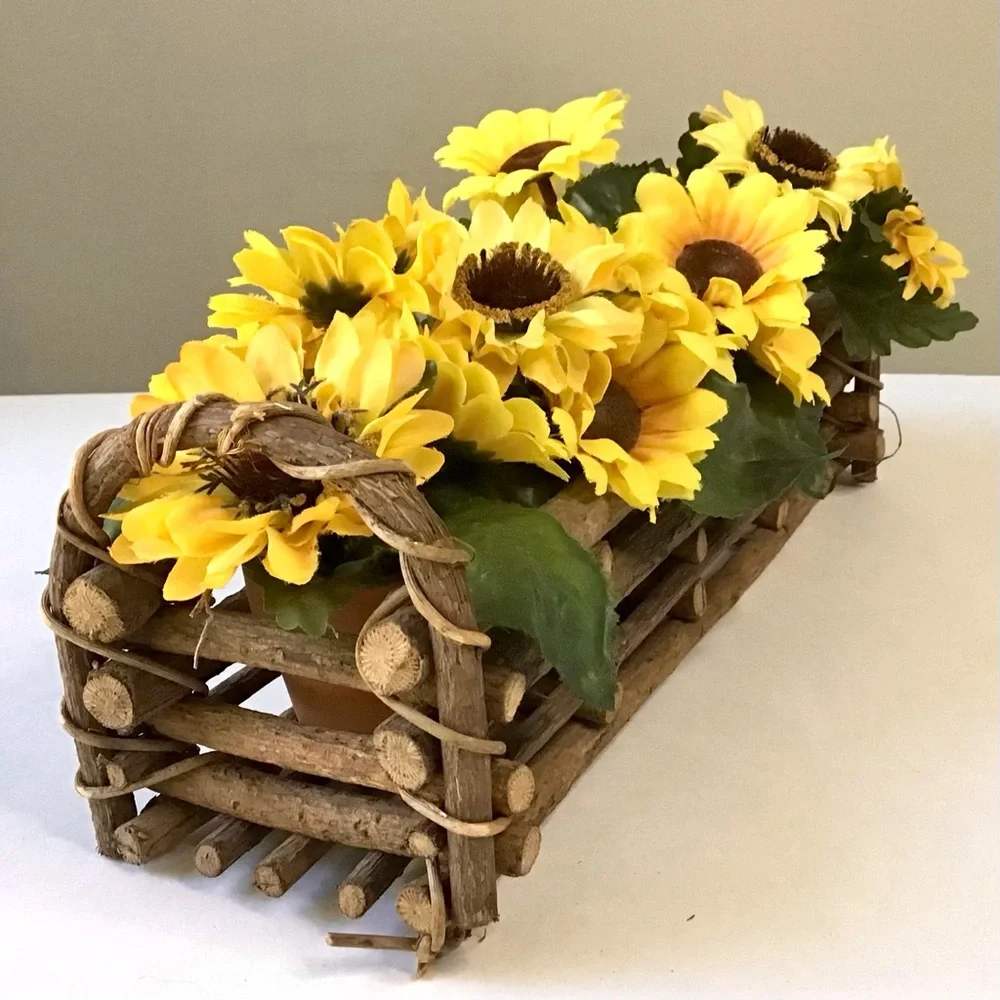 Twig Stick Basket & Mini Terracotta Pots Artificial Flowers Primitive Rustic